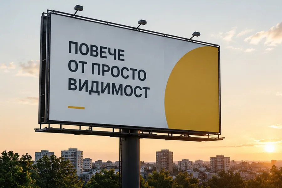 Билборд със слоган „Повече от просто видимост“ на фона на залез над града